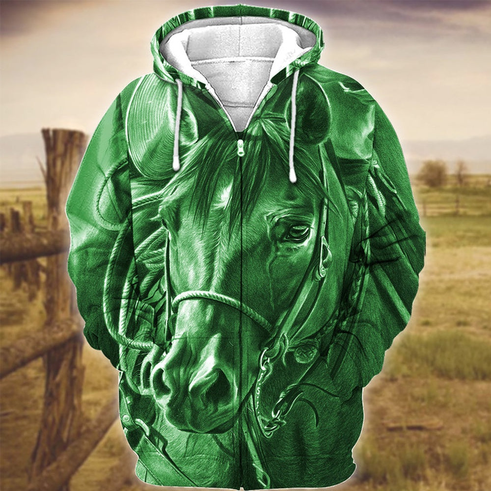 Horse Art Green Version 3D Hoodie, Farmer Hoodie, Farm Themed Shirts, Farm Tee Shirts