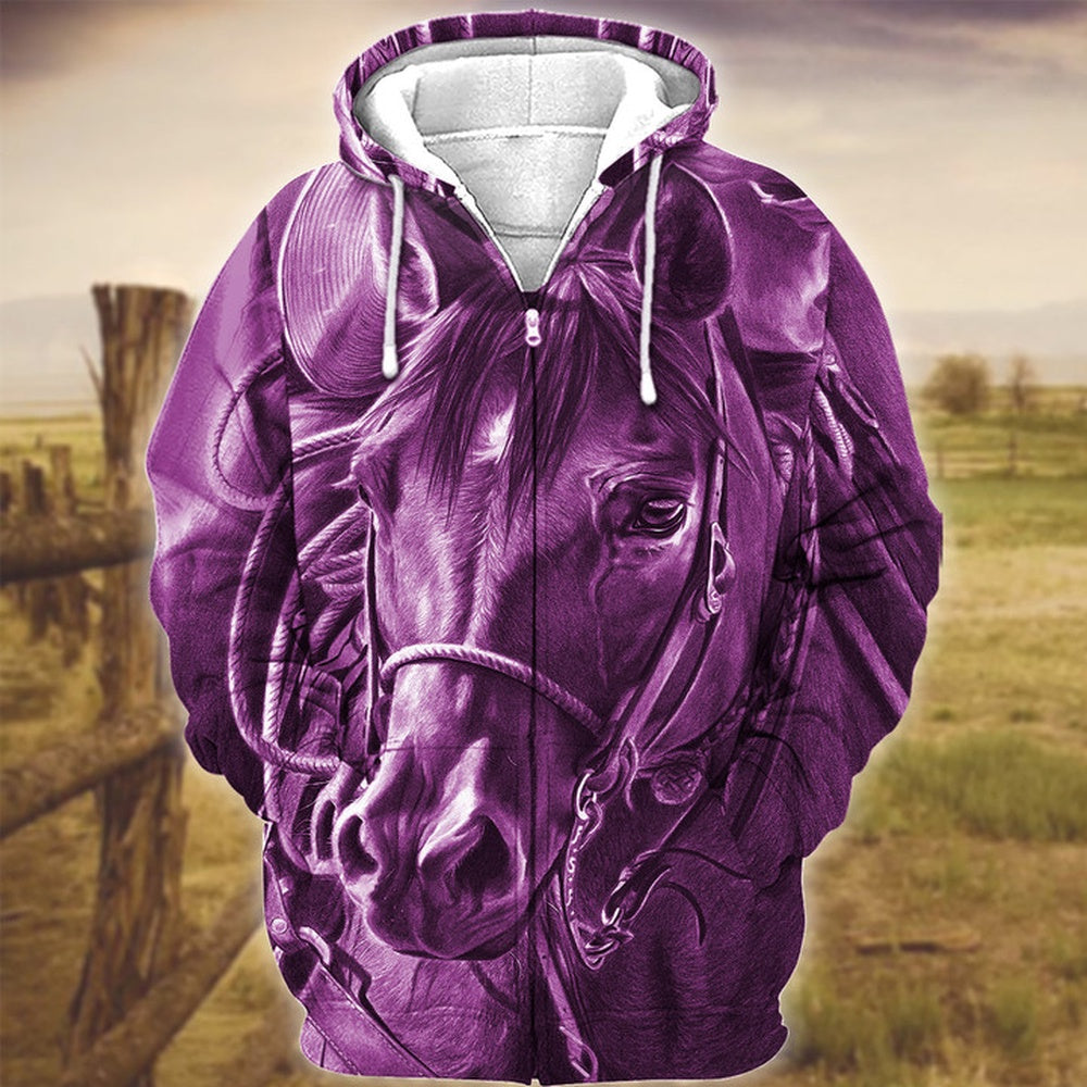 Horse Art Purple Version 3D Hoodie, Farmer Hoodie, Farm Themed Shirts, Farm Tee Shirts