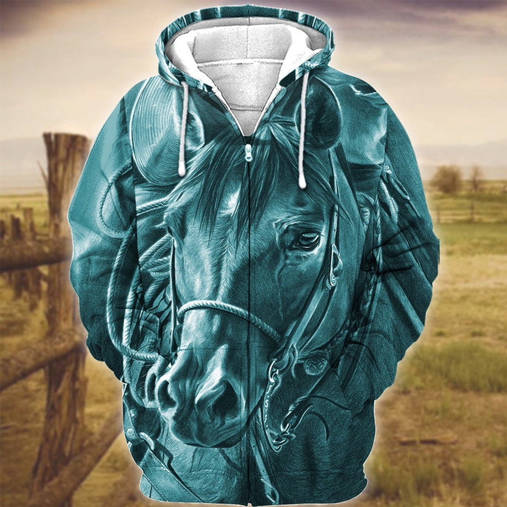 Horse Art Teal Version 3D Hoodie, Farmer Hoodie, Farm Themed Shirts, Farm Tee Shirts