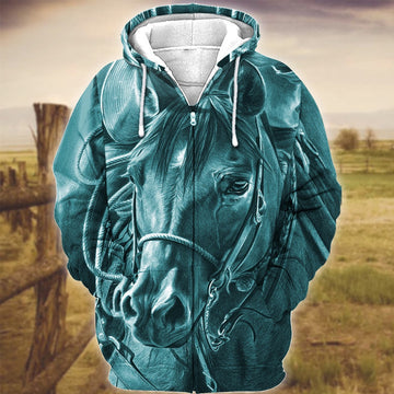 Horse Art Teal Version 3D Hoodie, Farmer Hoodie, Farm Themed Shirts, Farm Tee Shirts