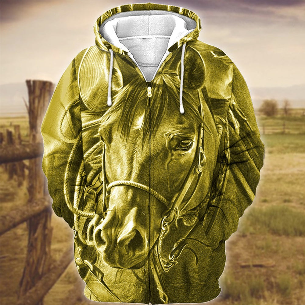 Horse Art Yellow Version 3D Hoodie, Farmer Hoodie, Farm Themed Shirts, Farm Tee Shirts