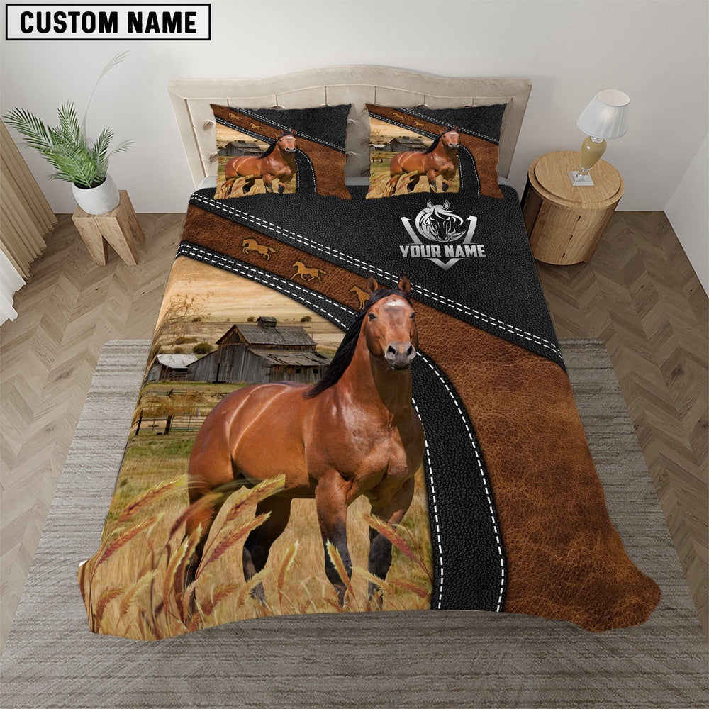 Horse Black Leather Premium Pattern Customized Name Bedding Set, Farm Bedding Set, Farmhouse Bedding Set