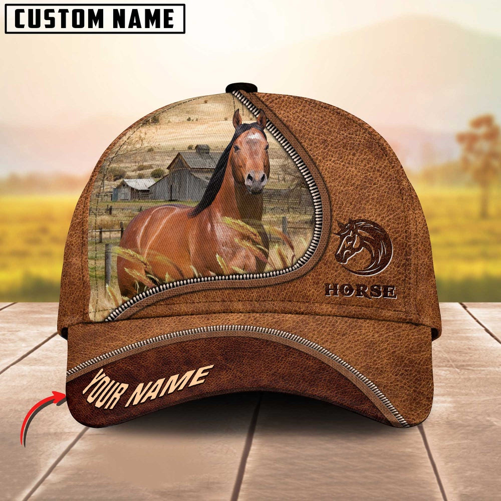 Horse Brown Leather Zip Pattern Customized Name Cap, Farmer Cap, Cap For Farmers, Best Farm Hat, Farm Use Hat