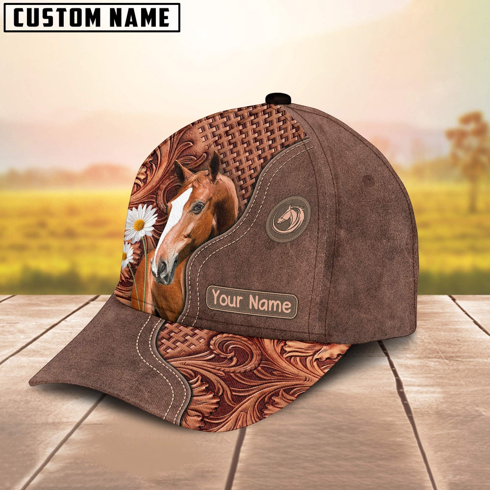 Horse Brown Vintage Pattern Customized Name 3D Cap, Farmer Cap, Cap For Farmers, Best Farm Hat, Farm Use Hat