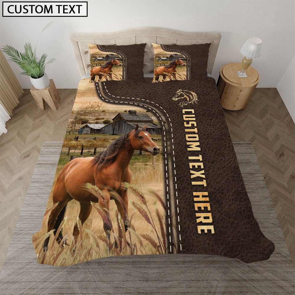 Horse Custom Text Leather Pattern Bedding Set, Farm Bedding Set, Farmhouse Bedding Set