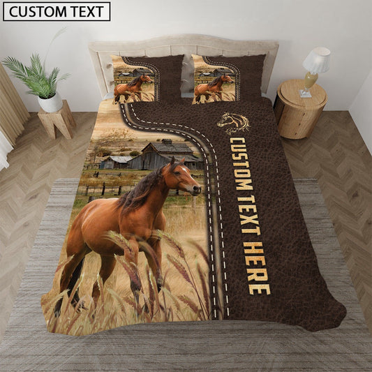 Horse Custom Text Leather Pattern Bedding Set, Farm Bedding Set, Farmhouse Bedding Set