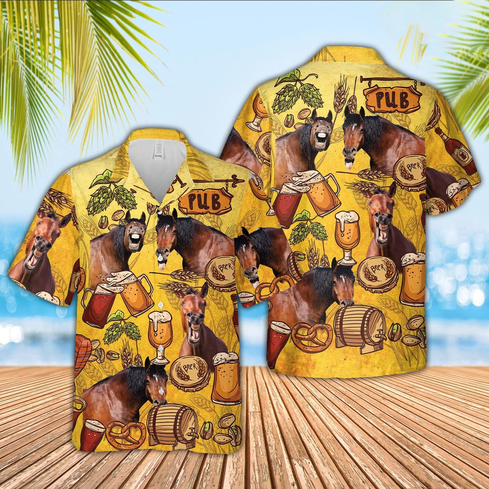 Horse Drink Beer Pattern 3D Hawaiian Shirt, Farm Hawaiian Shirt, Farmer Hawaii