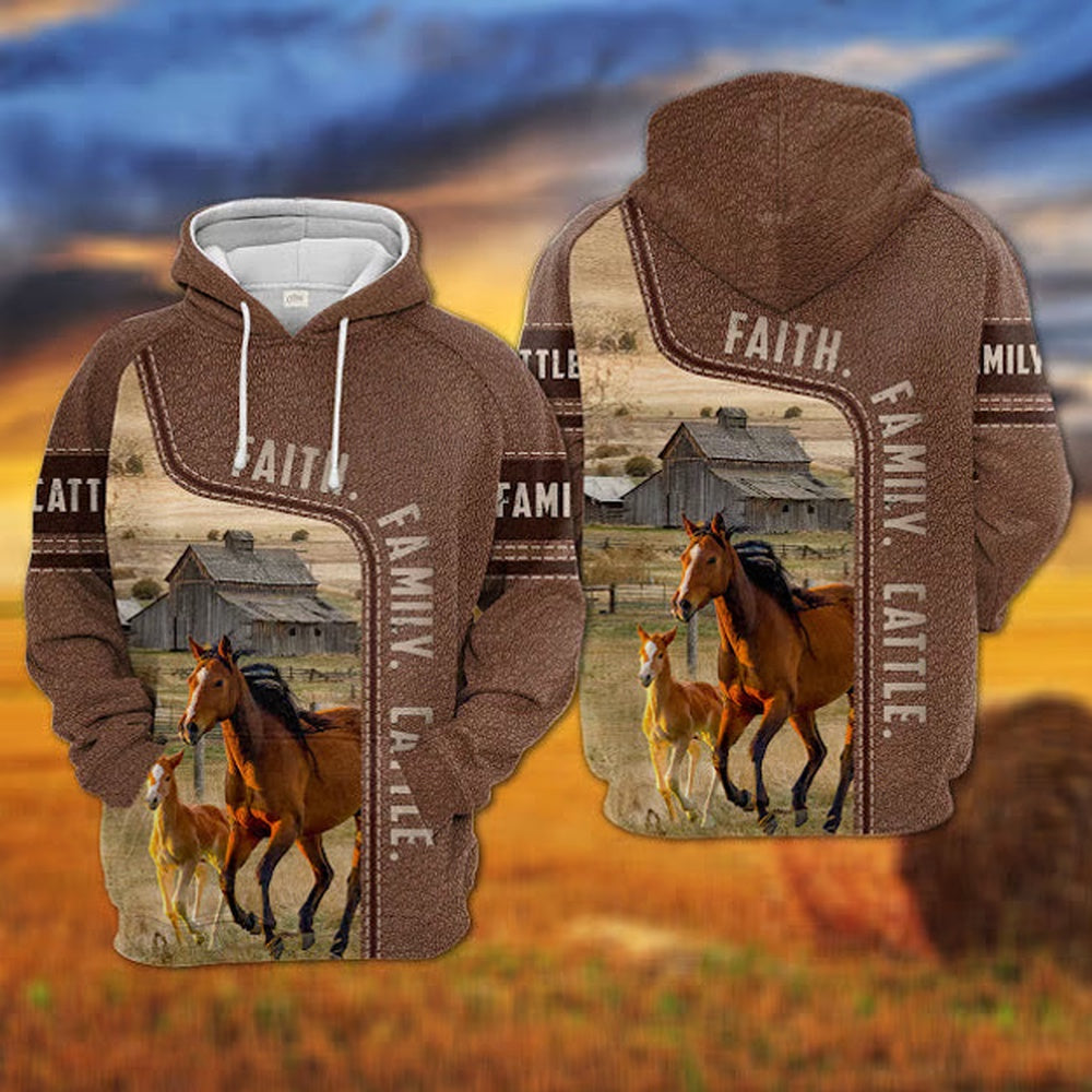 Horse Faith Family Cattle Personalized 3D Hoodie, Farmer Hoodie, Custom Farm Shirts, Farmer T Shirt