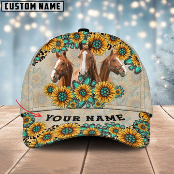 Horse Happiness Sun Flowers Pattern Customized 3D Cap, Farmer Cap, Cap For Farmers, Best Farm Hat, Farm Use Hat