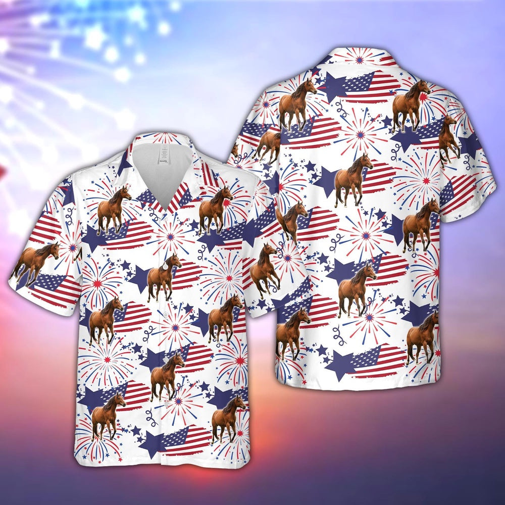 Horse Happy Firework Flag Hawaiian Shirt, Farm Hawaiian Shirt, Farmer Hawaii