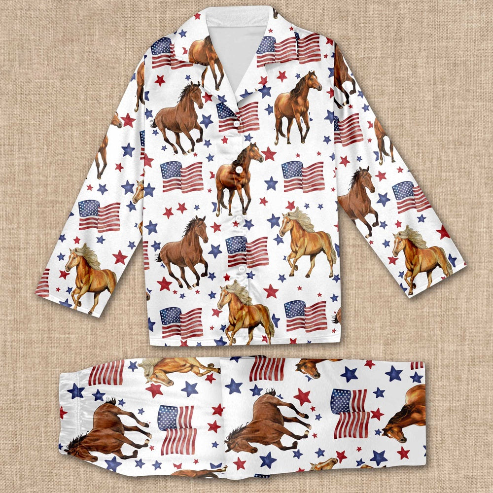 Horse Happy Star US Flag Pattern All Over Print Pajamas Sets, Farm Pajamas, Farm Animal Pajamas, Christmas Farm Pajamas