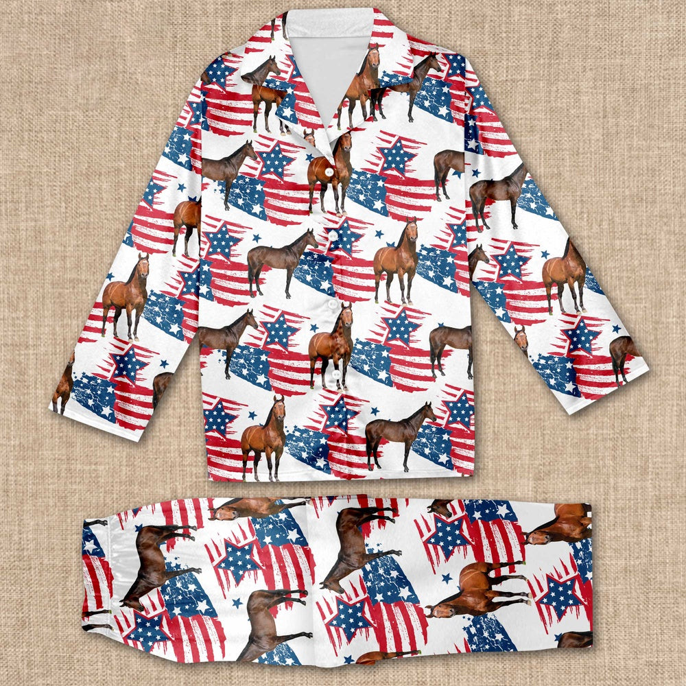 Horse Happy US Flag Pattern All Over Print Pajamas Sets, Farm Pajamas, Farm Animal Pajamas, Christmas Farm Pajamas