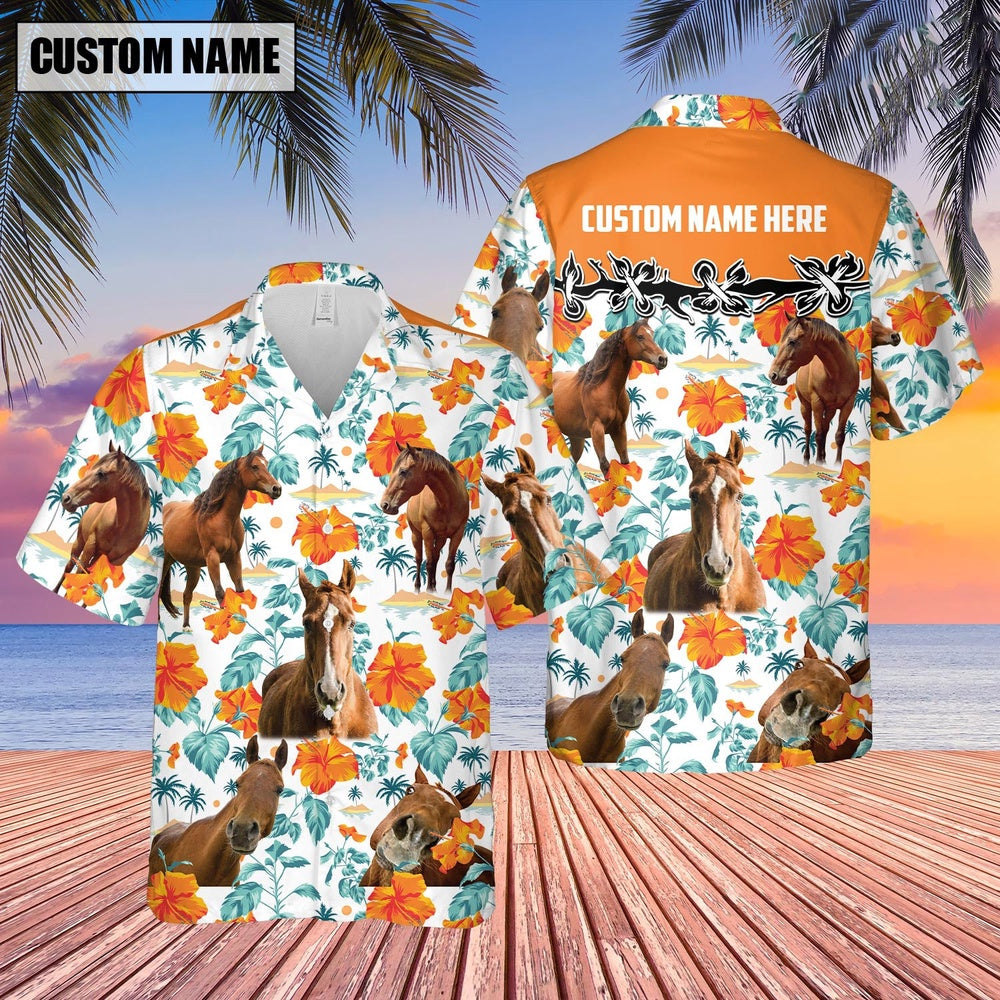 Horse Hibiscus Floral Custom Name Hawaiian Shirt, Farm Hawaiian Shirt, Farmer Hawaii
