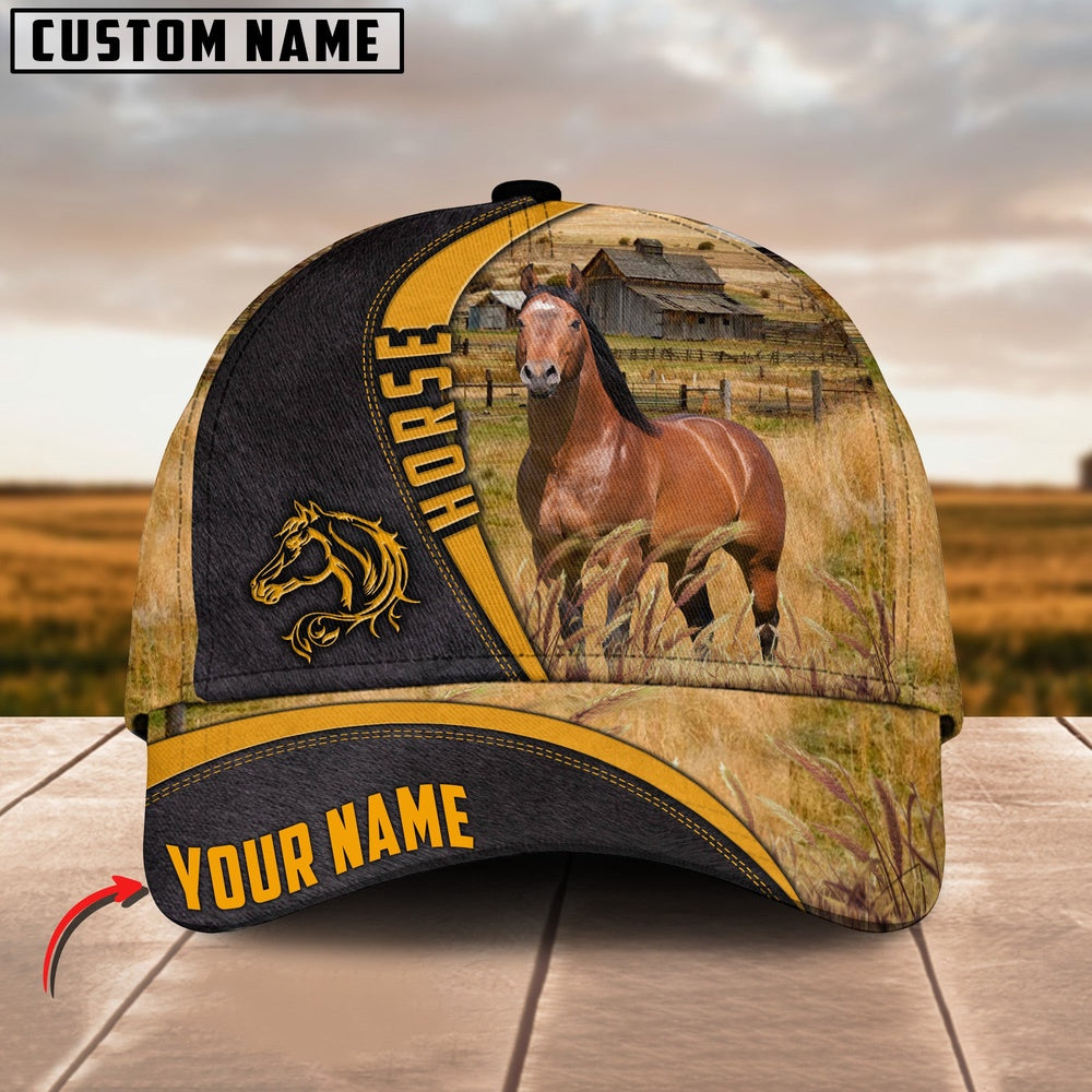 Horse On Farm Black Yellow Leather Pattern Customized 3D Cap, Farmer Cap, Cap For Farmers, Best Farm Hat, Farm Use Hat
