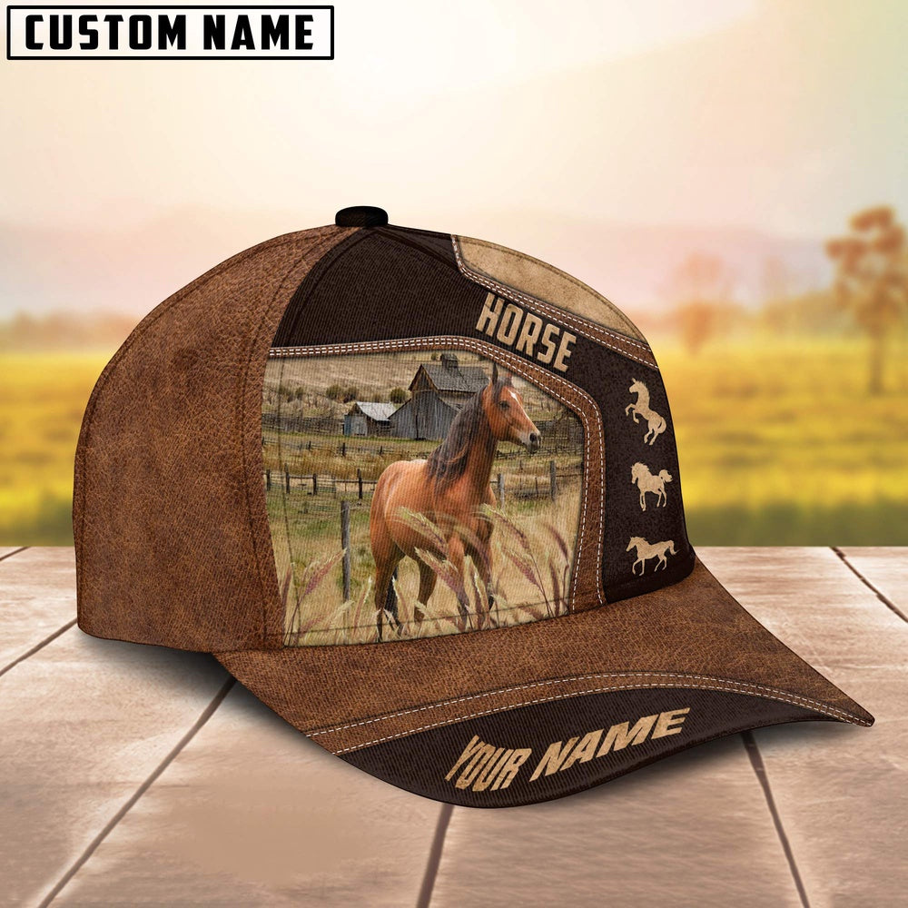 Horse On Farm Brown Leather Pattern Customized 3D Cap, Farmer Cap, Cap For Farmers, Best Farm Hat, Farm Use Hat