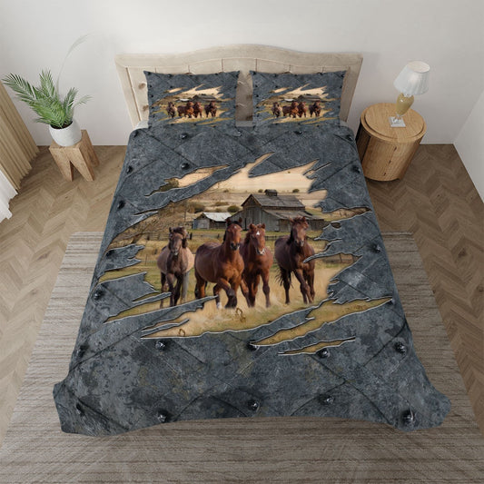 Horse On The Farm Customized Name Bedding Set, Farm Bedding Set, Farmhouse Bedding Set