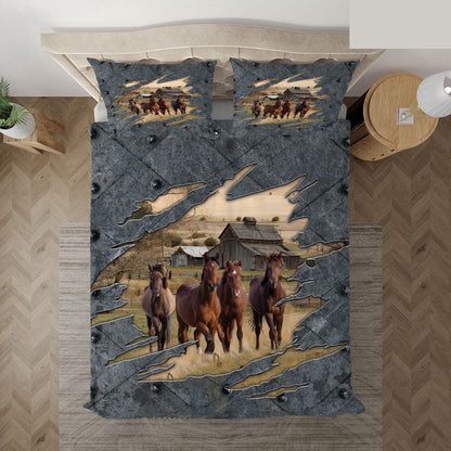 Horse On The Farm Customized Name Bedding Set, Farm Bedding Set, Farmhouse Bedding Set