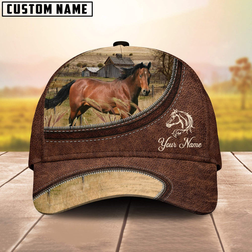 Horse On The Farm Customized Name Leather Pattern Cap, Farmer Cap, Cap For Farmers, Best Farm Hat, Farm Use Hat