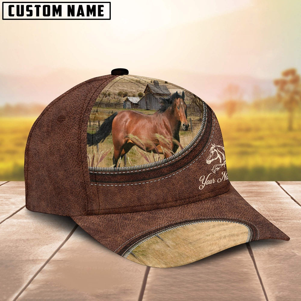 Horse On The Farm Customized Name Leather Pattern Cap, Farmer Cap, Cap For Farmers, Best Farm Hat, Farm Use Hat