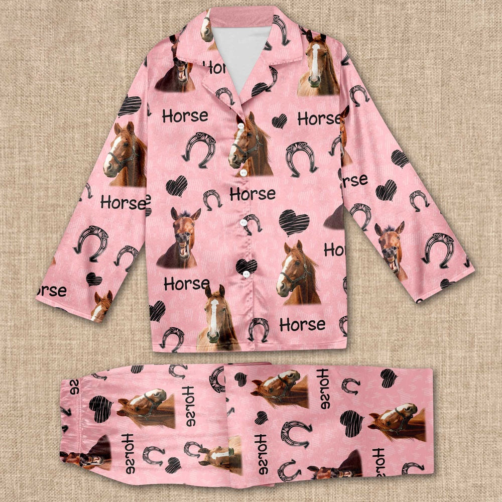 Horse Pattern All Over Print Pajamas Sets, Farm Pajamas, Farm Animal Pajamas, Christmas Farm Pajamas