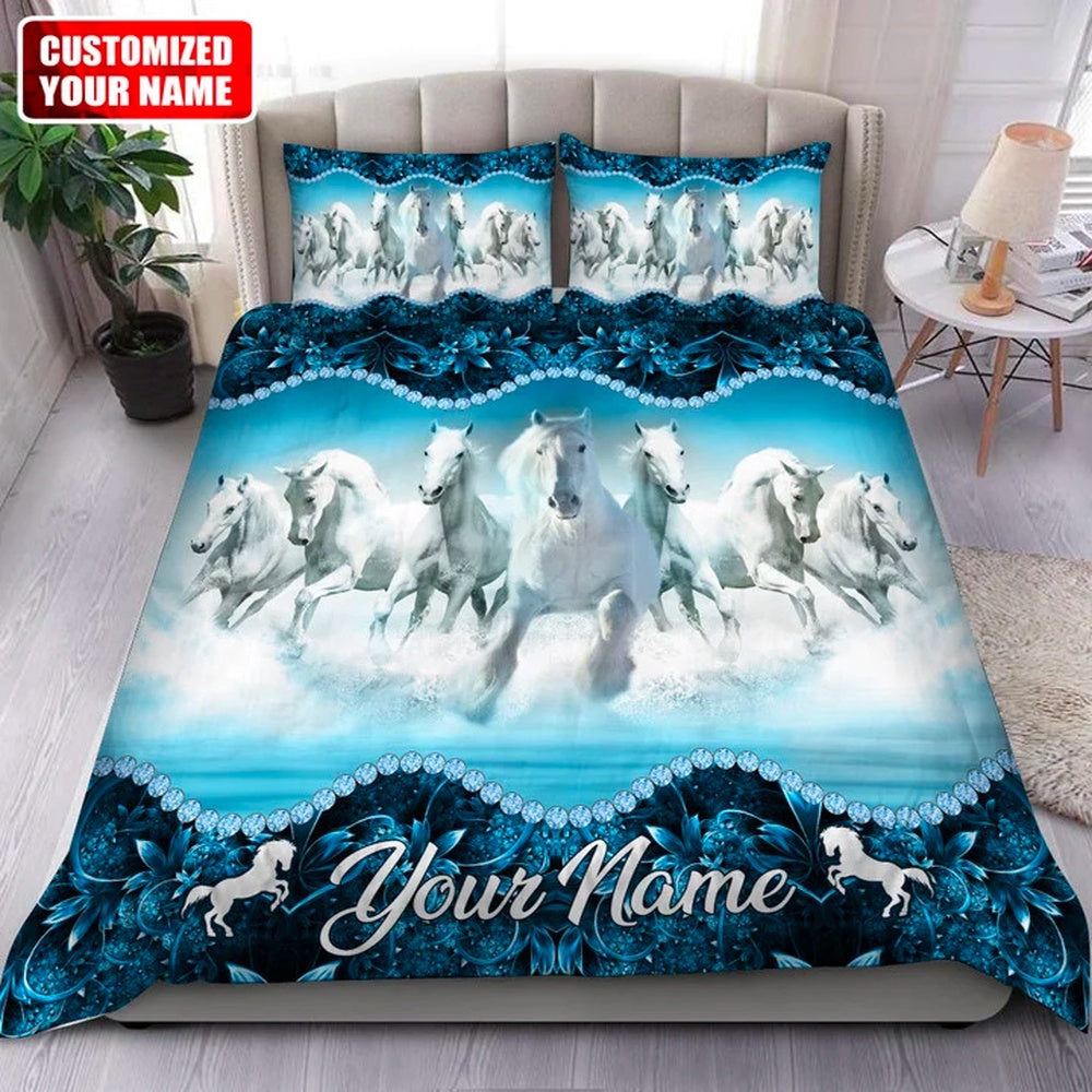 Horse Pattern Customized Name Bedding Set, Farm Bedding Set, Farmhouse Bedding Set