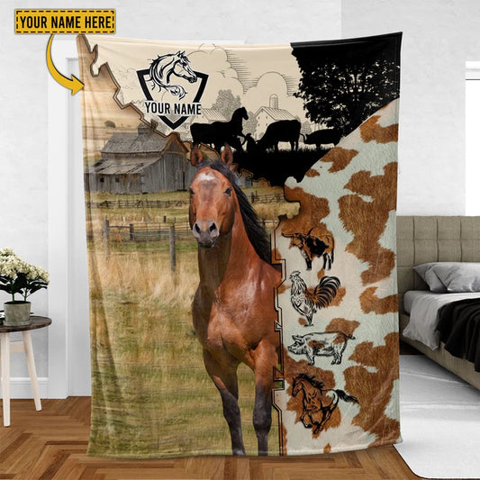 Horse Personalized Name Feather Pattern Blanket, Farm Blanket, Farm Animal Blanket