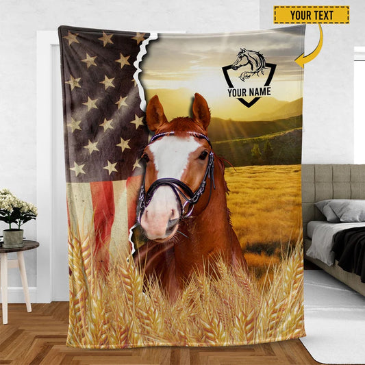 Horse Personalized Name U.S Flag Blanket, Farm Blanket, Farm Animal Blanket
