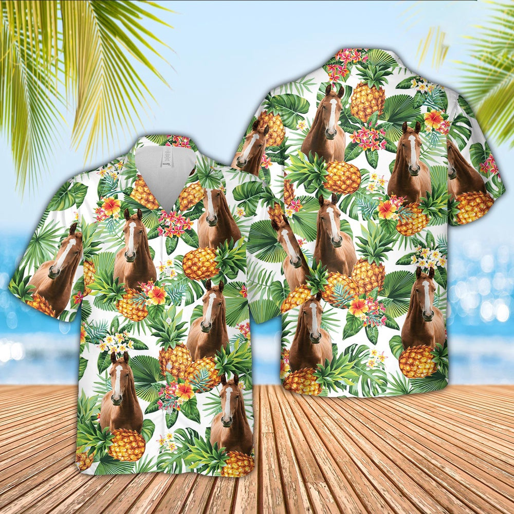 Horse Pineapple Pattern 3D Hawaiian Shirt, Farm Hawaiian Shirt, Farmer Hawaii
