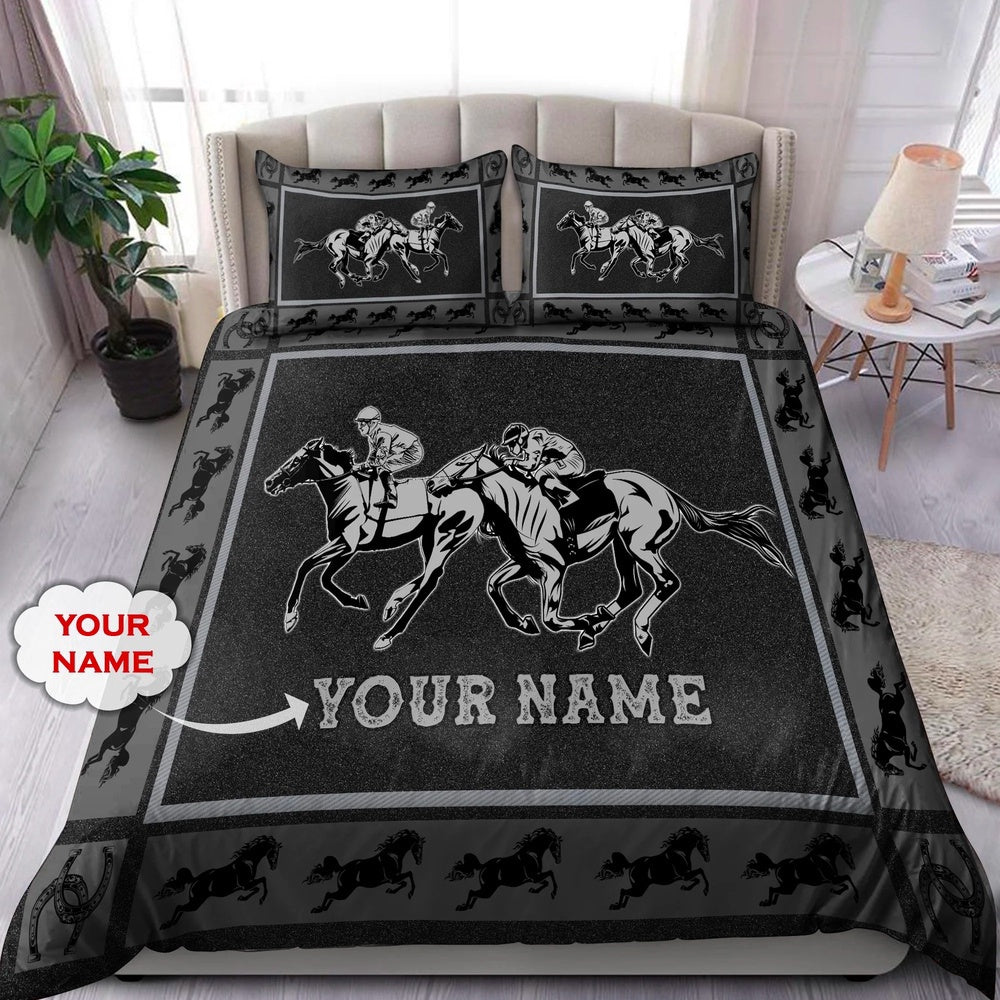Horse Racing Custom Name Bedding Set, Farm Bedding Set, Farmhouse Bedding Set