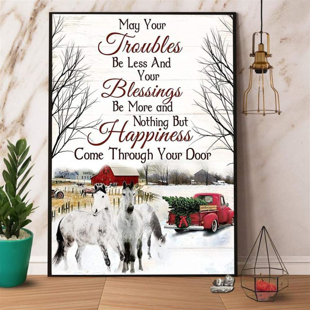 Horse Red Car Xmas Tree Farm House May Your Troubles Be Less And Your Blessings More Canvas, Farm Canvas, Farm Art Decor