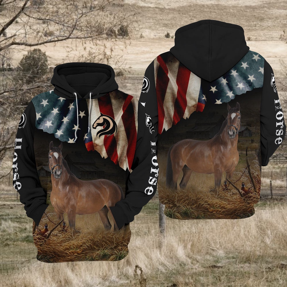 Horse US Flag All Over Printed Hoodie TT, Farmer Hoodie, Farm Themed Shirts, Farm Tee Shirts