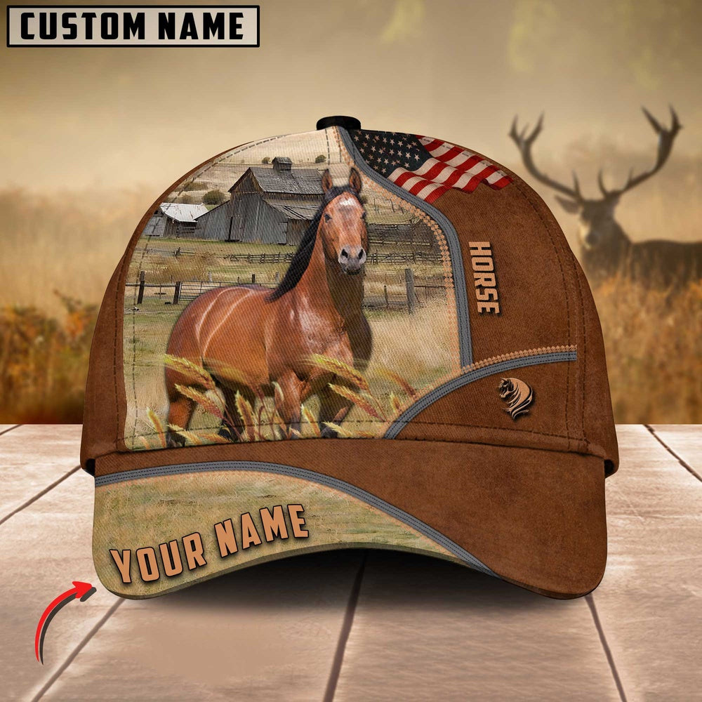 Horse US Flag Customized Name Brown Cap, Farmer Cap, Cap For Farmers, Best Farm Hat, Farm Use Hat