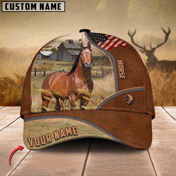 Horse US Flag Customized Name Brown Cap, Farmer Cap, Cap For Farmers, Best Farm Hat, Farm Use Hat