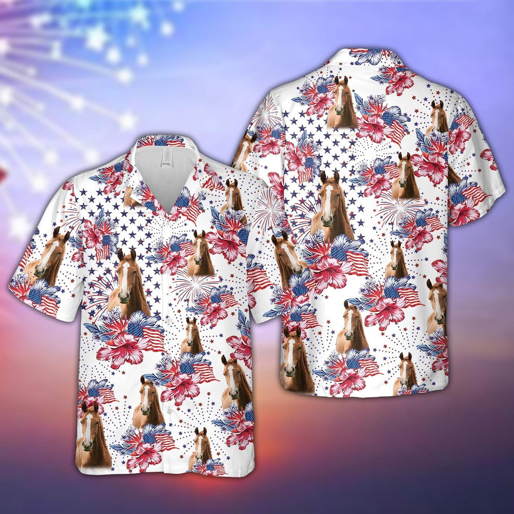 Horse US Flag Flower Pattern Hawaiian Shirt, Farm Hawaiian Shirt, Farmer Hawaii