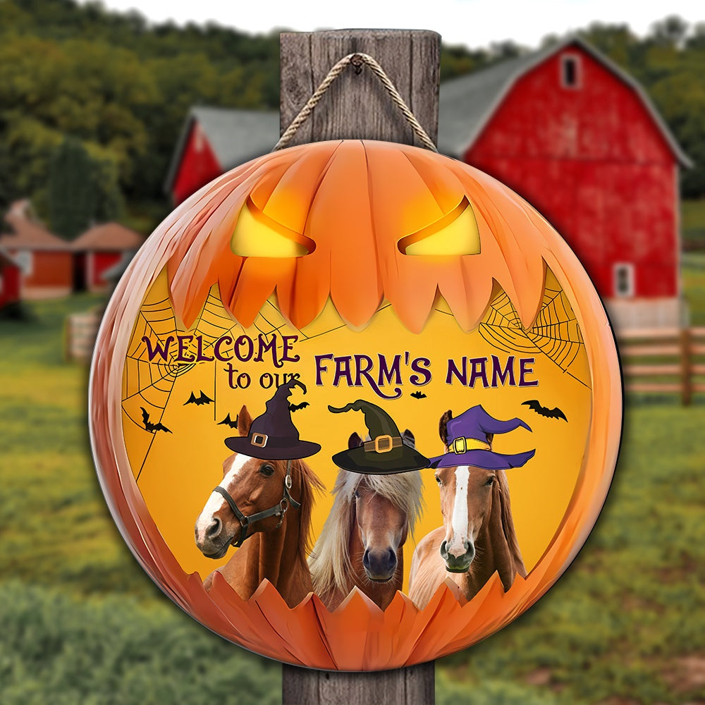 Horse Welcome To Our Farm Pumpkin Pattern Happy Halloween Wooden Sign, Farm Wood Sign, Farm House Wood Signs