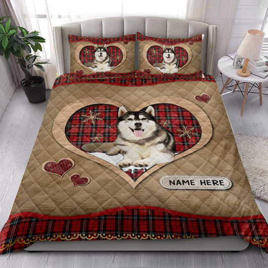 Husky Sibirmas Heart Red Plaid Bedding Set, Christmas Beddings, Xmas Bedding Sets
