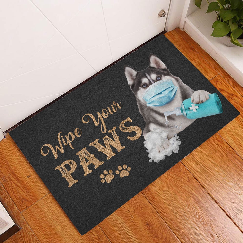 Husky Welcome Doormat, Funny Husky Sibir Dog Puppy Wearing Face Mask Wipe Your Paws Welcome Doormat, Pets Home Decor Door Mat