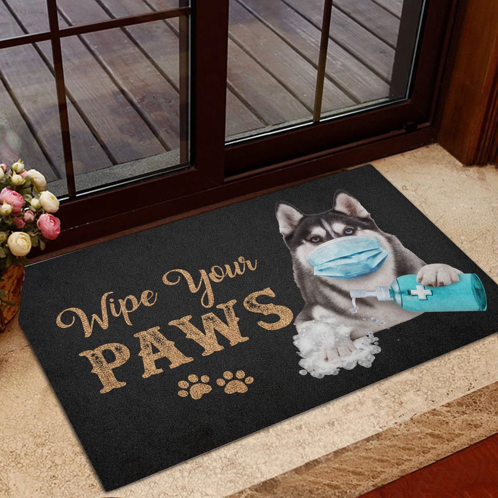 Husky Welcome Doormat, Funny Husky Sibir Dog Puppy Wearing Face Mask Wipe Your Paws Welcome Doormat, Pets Home Decor Door Mat