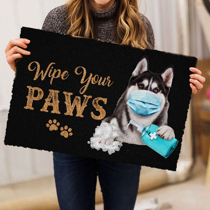 Husky Welcome Doormat, Funny Husky Sibir Dog Puppy Wearing Face Mask Wipe Your Paws Welcome Doormat, Pets Home Decor Door Mat