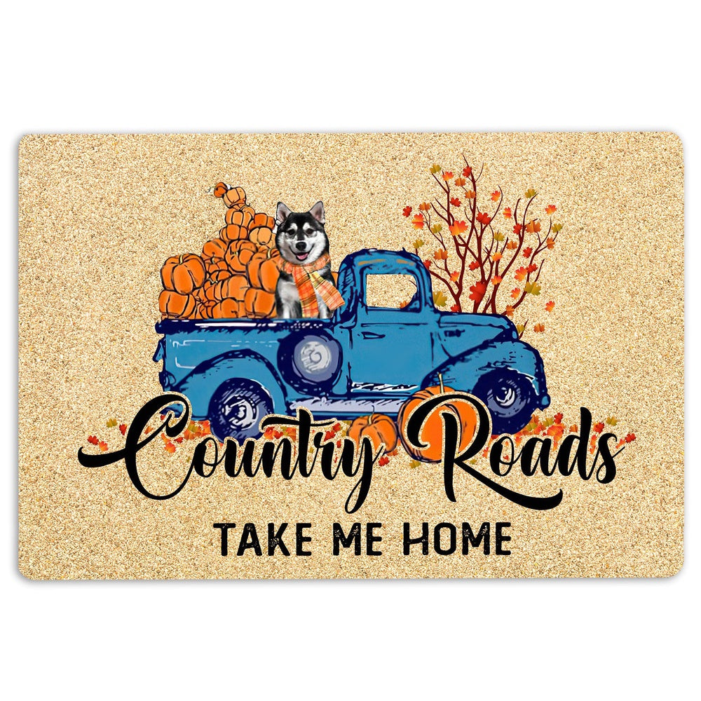 Husky Welcome Doormat, Husky Dog Country Road Take Me Home Fall Pumpkins Autumn Welcome Doormat, Pets Home Decor Door Mat