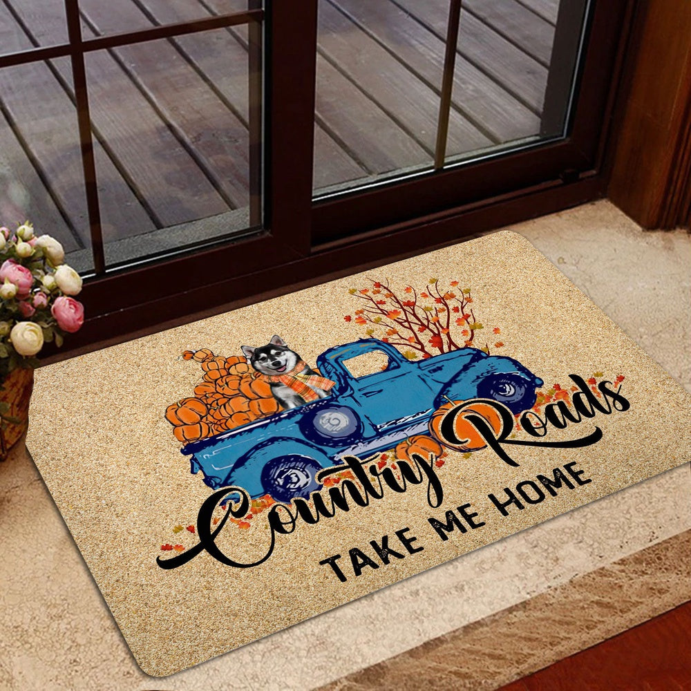 Husky Welcome Doormat, Husky Dog Country Road Take Me Home Fall Pumpkins Autumn Welcome Doormat, Pets Home Decor Door Mat