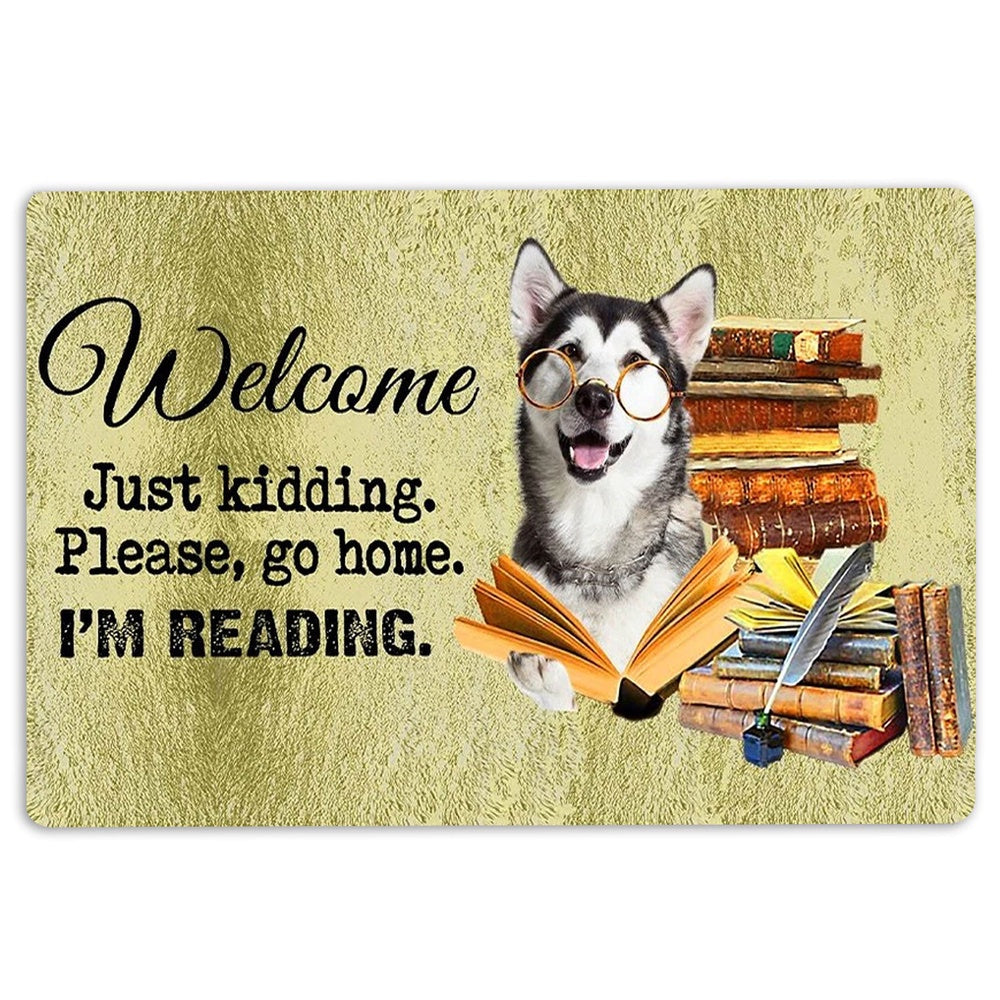 Husky Welcome Doormat, Husky Sibir Dog And Book Please Go Home I'm Reading Welcome Doormat, Pets Home Decor Door Mat