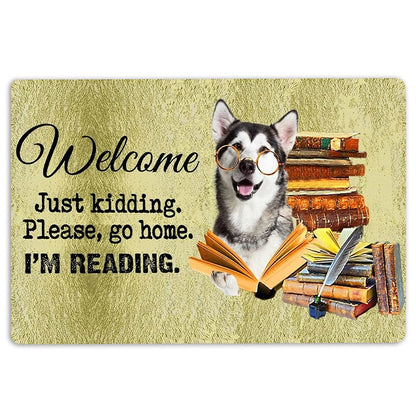 Husky Welcome Doormat, Husky Sibir Dog And Book Please Go Home I'm Reading Welcome Doormat, Pets Home Decor Door Mat