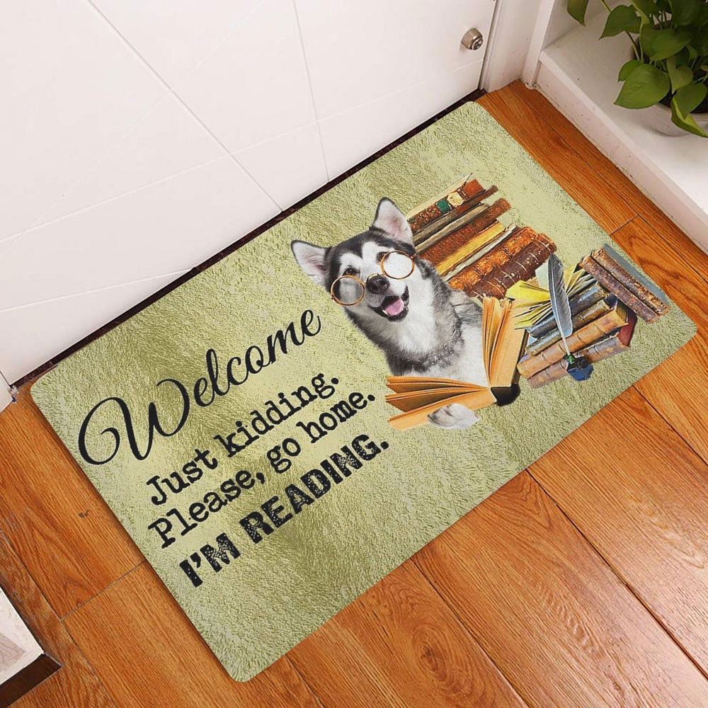 Husky Welcome Doormat, Husky Sibir Dog And Book Please Go Home I'm Reading Welcome Doormat, Pets Home Decor Door Mat