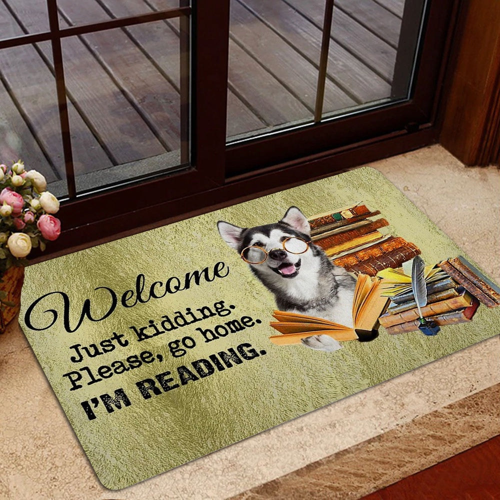 Husky Welcome Doormat, Husky Sibir Dog And Book Please Go Home I'm Reading Welcome Doormat, Pets Home Decor Door Mat