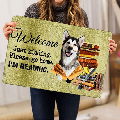 Husky Welcome Doormat, Husky Sibir Dog And Book Please Go Home I'm Reading Welcome Doormat, Pets Home Decor Door Mat