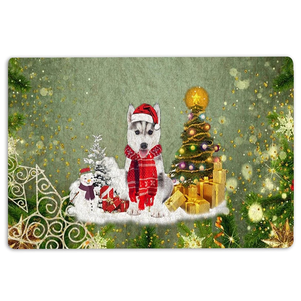 Husky Welcome Doormat, Husky Sibir Dog Merry Christmas Snow Christmas Tree Xmas Holiday Welcome Doormat, Pets Home Decor Door Mat