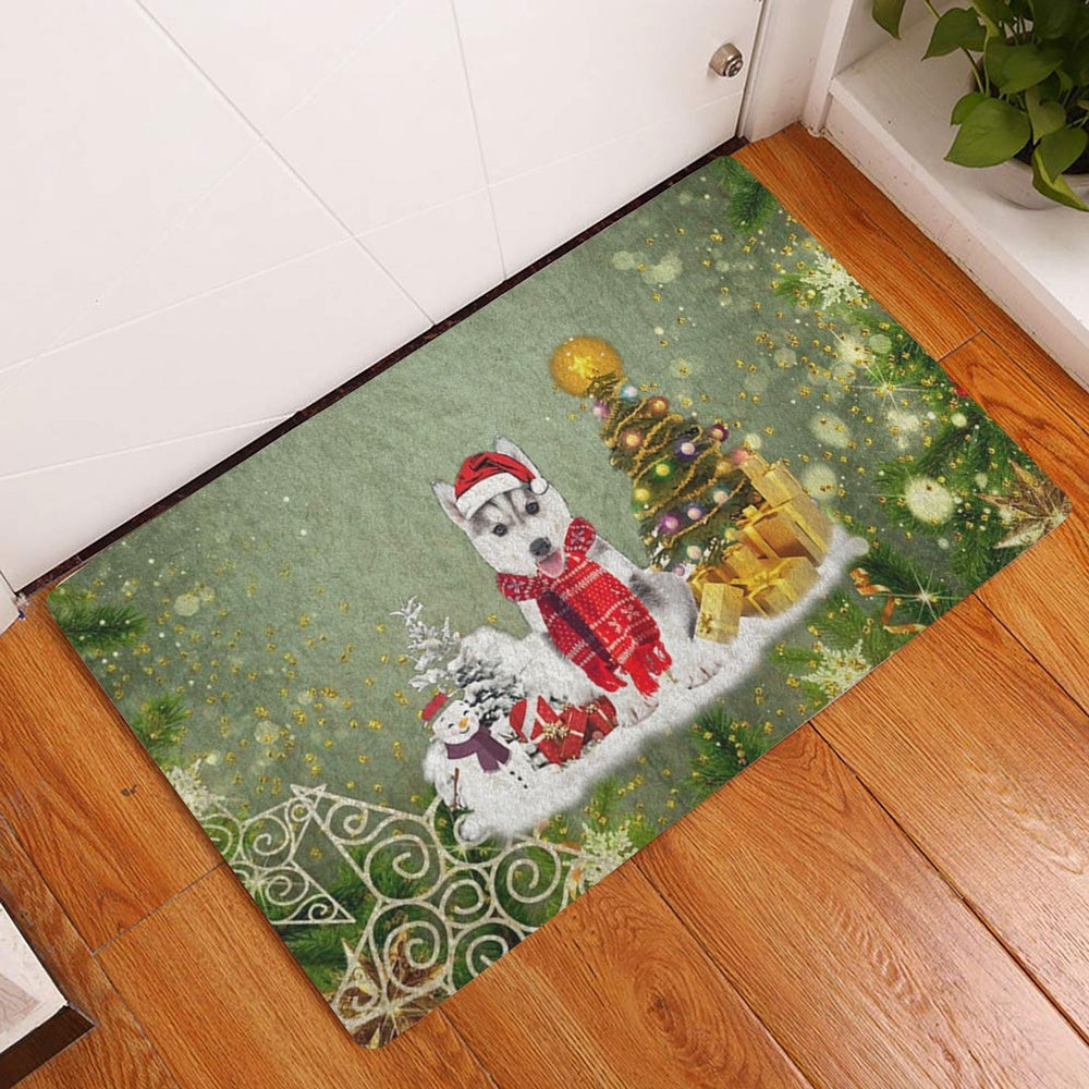 Husky Welcome Doormat, Husky Sibir Dog Merry Christmas Snow Christmas Tree Xmas Holiday Welcome Doormat, Pets Home Decor Door Mat