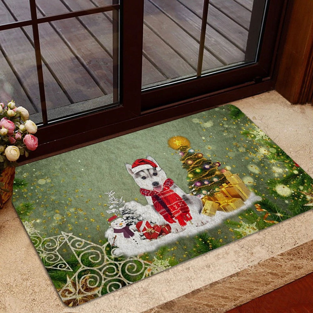 Husky Welcome Doormat, Husky Sibir Dog Merry Christmas Snow Christmas Tree Xmas Holiday Welcome Doormat, Pets Home Decor Door Mat