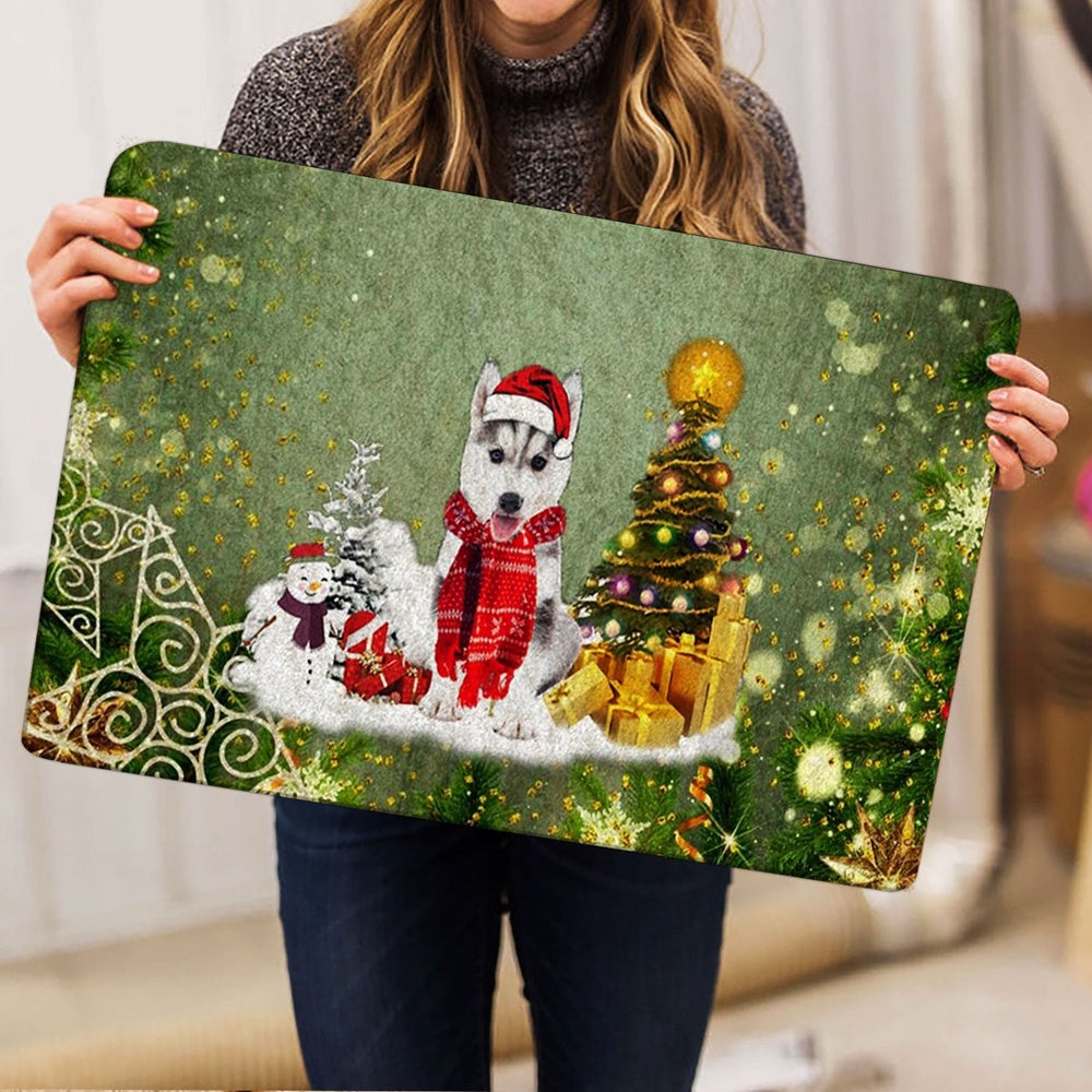 Husky Welcome Doormat, Husky Sibir Dog Merry Christmas Snow Christmas Tree Xmas Holiday Welcome Doormat, Pets Home Decor Door Mat